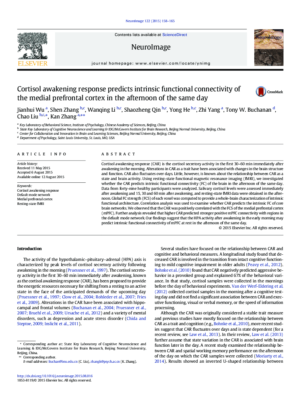 Cortisol awakening response predicts intrinsic functional connectivity of the medial prefrontal cortex in the afternoon of the same day