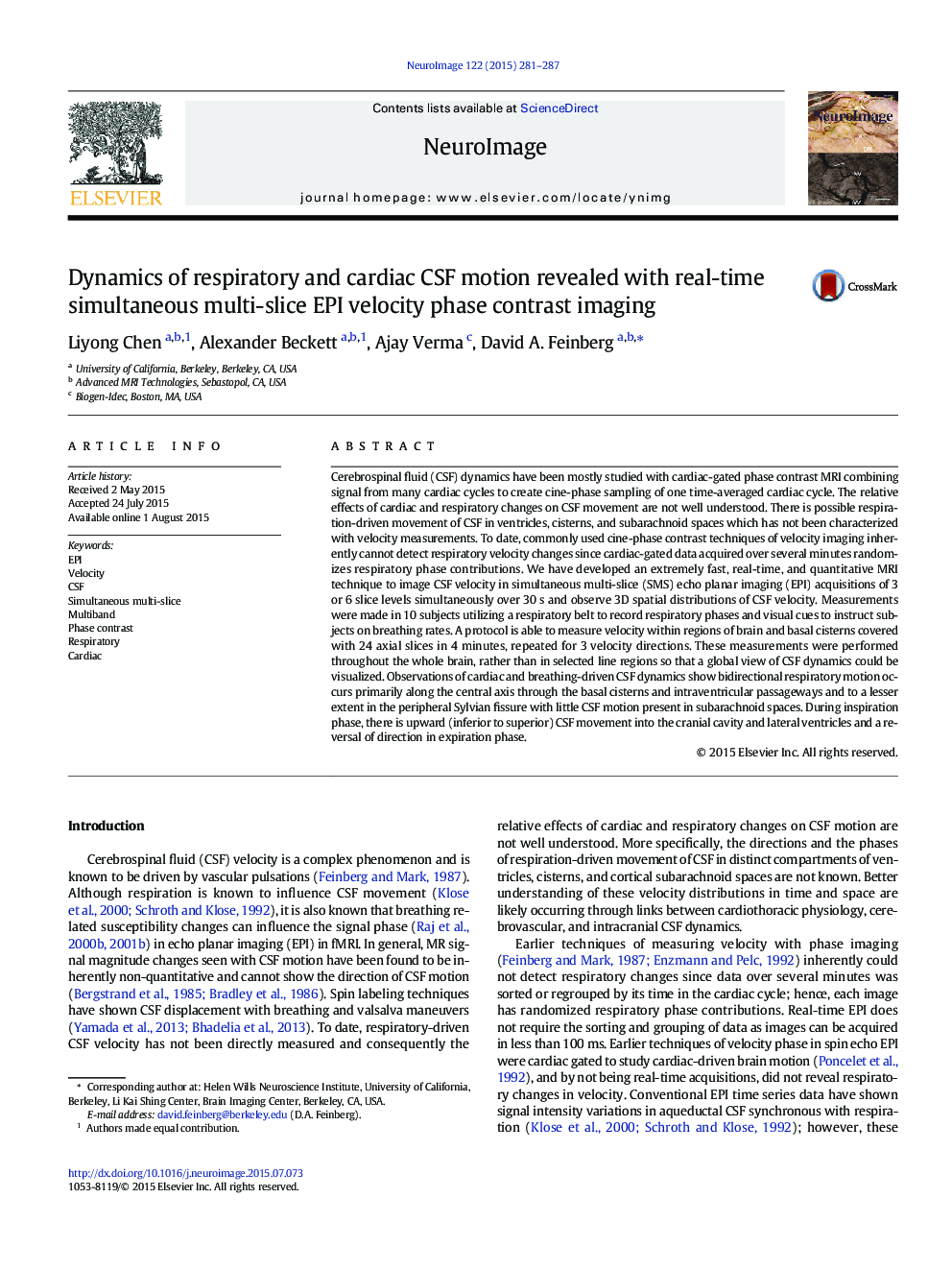 عکس صفحه اول مقاله: Dynamics of respiratory and cardiac CSF motion revealed with real-time simultaneous multi-slice EPI velocity phase contrast imaging Dynamics of respiratory and cardiac CSF motion revealed with real-time simultaneous multi-slice EPI velocity phase contrast imaging