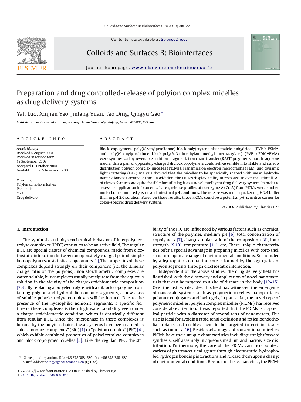 Preparation and drug controlled-release of polyion complex micelles as drug delivery systems