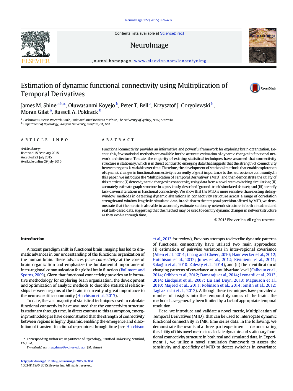 عکس صفحه اول مقاله: Estimation of dynamic functional connectivity using Multiplication of Temporal Derivatives Estimation of dynamic functional connectivity using Multiplication of Temporal Derivatives