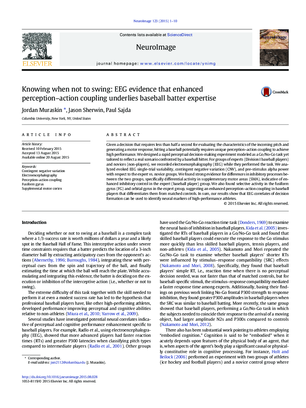 Knowing when not to swing: EEG evidence that enhanced perception-action coupling underlies baseball batter expertise