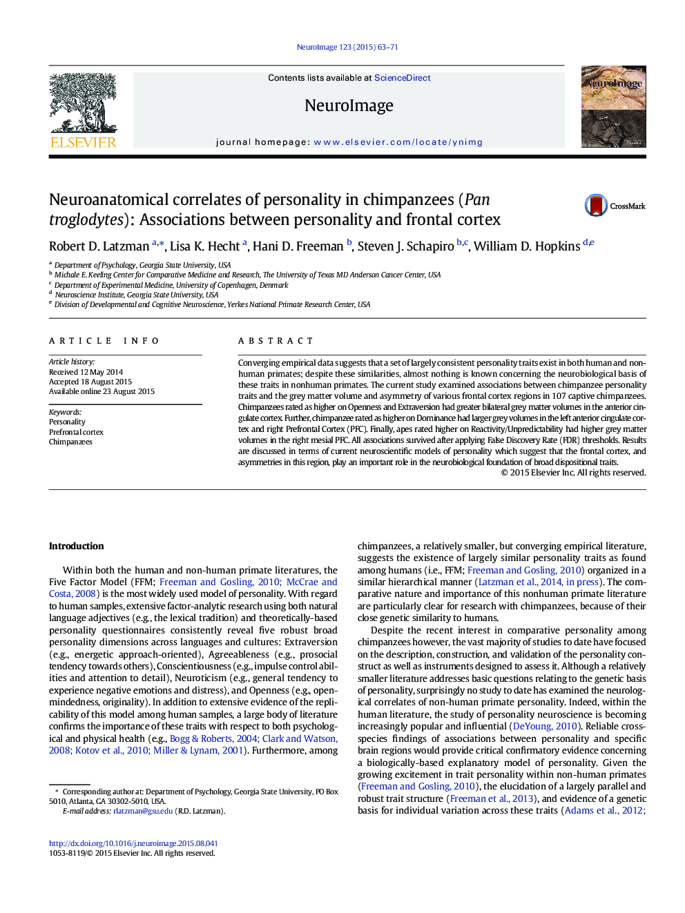 Neuroanatomical correlates of personality in chimpanzees (Pan troglodytes): Associations between personality and frontal cortex
