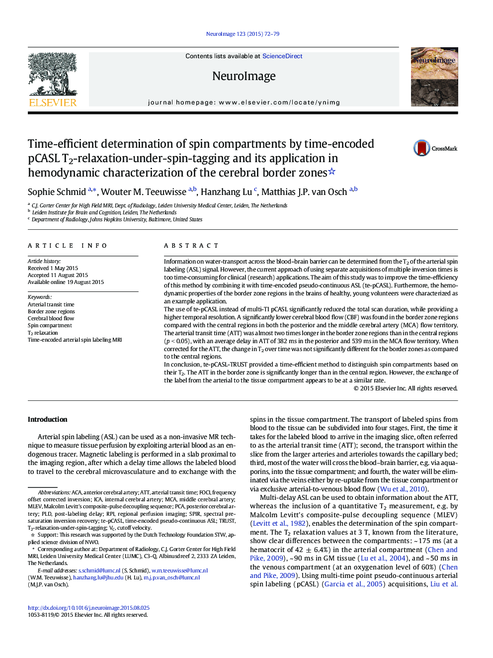 Time-efficient determination of spin compartments by time-encoded pCASL T2-relaxation-under-spin-tagging and its application in hemodynamic characterization of the cerebral border zones