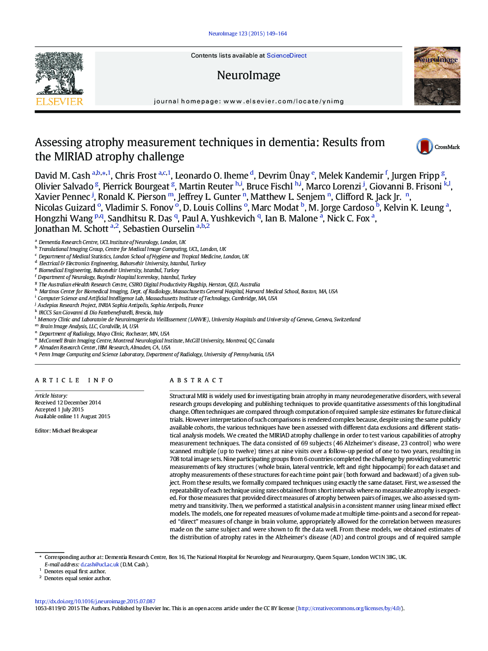 Assessing atrophy measurement techniques in dementia: Results from the MIRIAD atrophy challenge