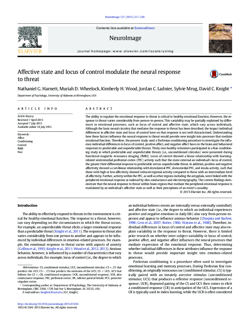 Affective state and locus of control modulate the neural response to threat