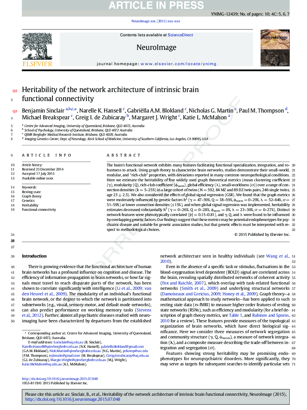 Heritability of the network architecture of intrinsic brain functional connectivity