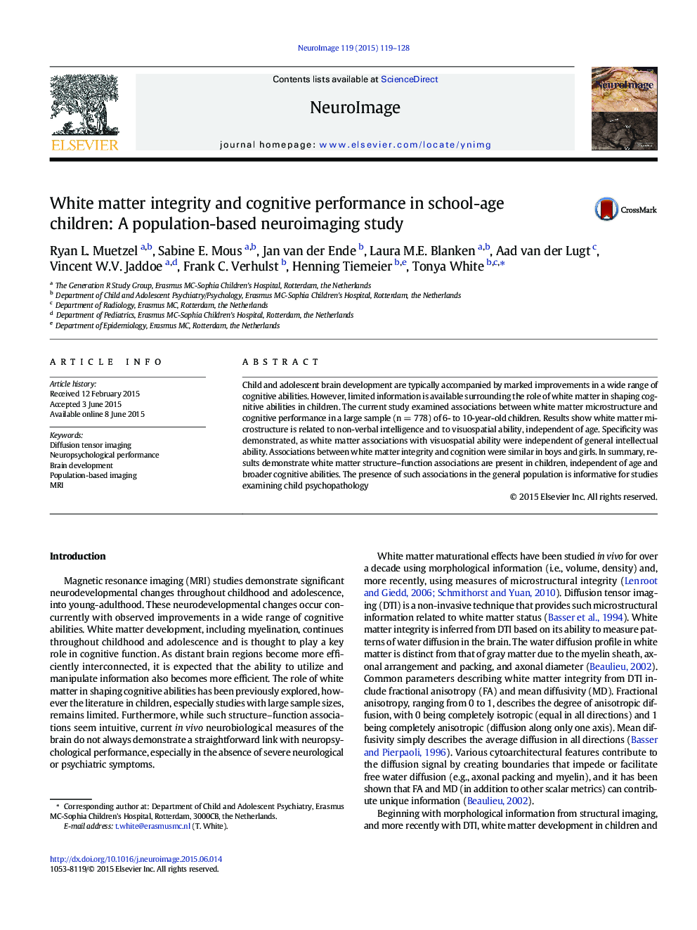 White matter integrity and cognitive performance in school-age children: A population-based neuroimaging study