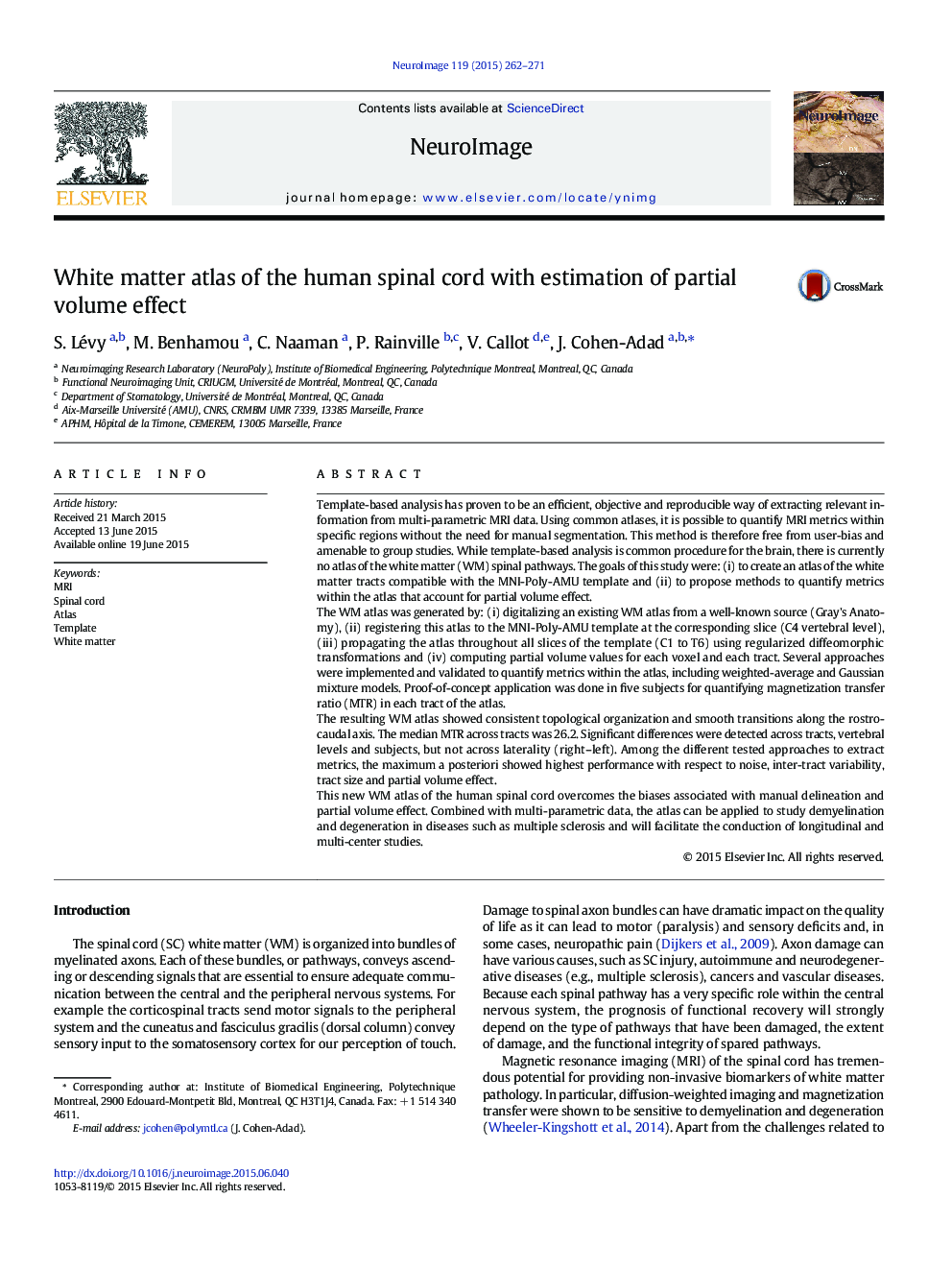 White matter atlas of the human spinal cord with estimation of partial volume effect