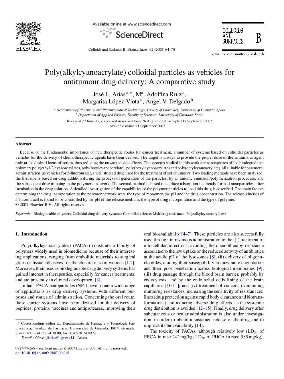 Poly(alkylcyanoacrylate) colloidal particles as vehicles for antitumour drug delivery: A comparative study