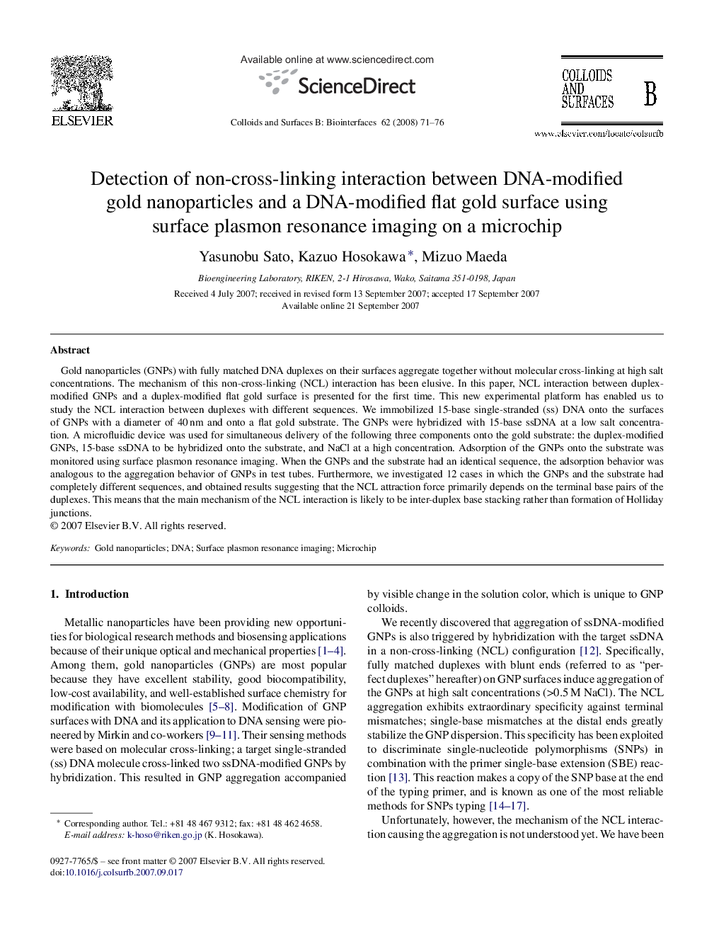 Detection of non-cross-linking interaction between DNA-modified gold nanoparticles and a DNA-modified flat gold surface using surface plasmon resonance imaging on a microchip