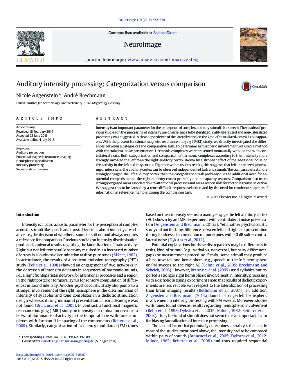 Auditory intensity processing: Categorization versus comparison