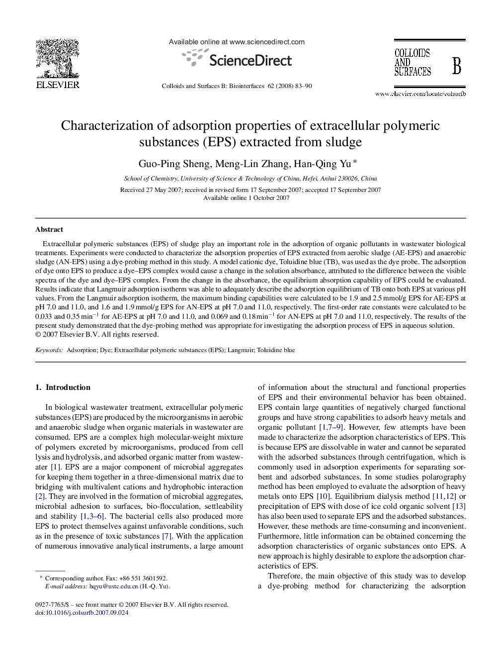 Characterization of adsorption properties of extracellular polymeric substances (EPS) extracted from sludge