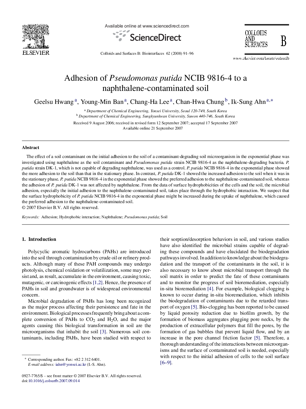 Adhesion of Pseudomonas putida NCIB 9816-4 to a naphthalene-contaminated soil