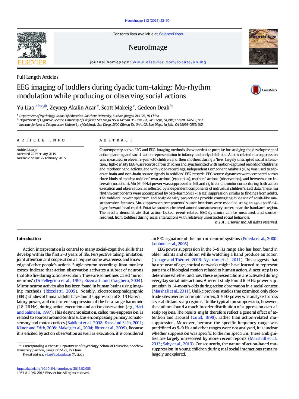 EEG imaging of toddlers during dyadic turn-taking: Mu-rhythm modulation while producing or observing social actions