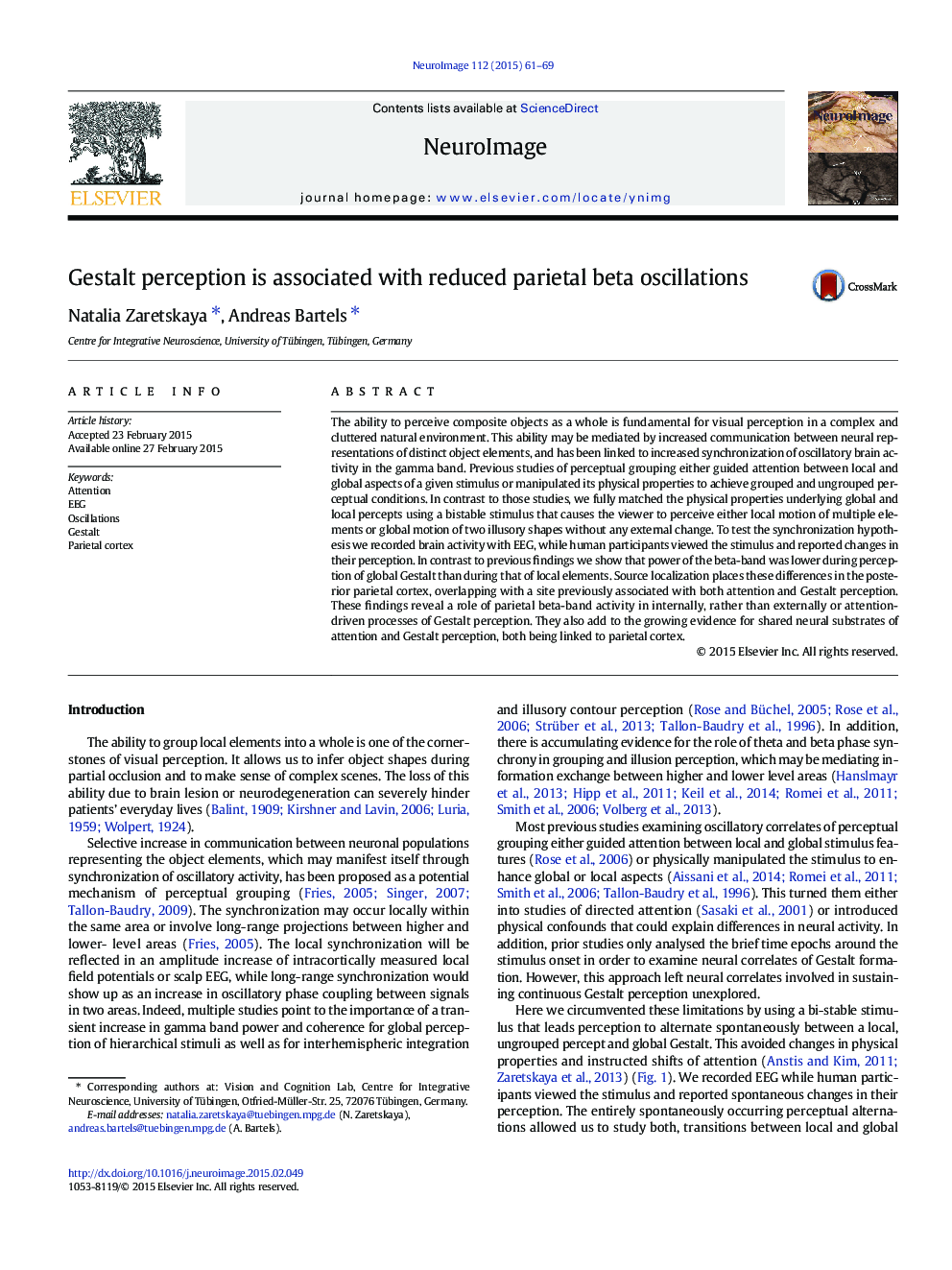 Gestalt perception is associated with reduced parietal beta oscillations