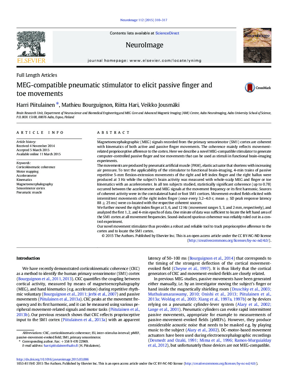 MEG-compatible pneumatic stimulator to elicit passive finger and toe movements