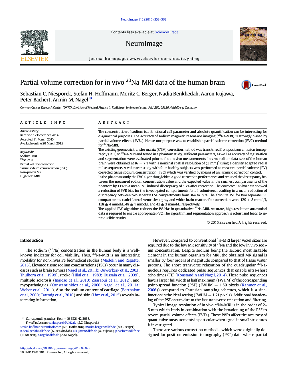 Partial volume correction for in vivo 23Na-MRI data of the human brain