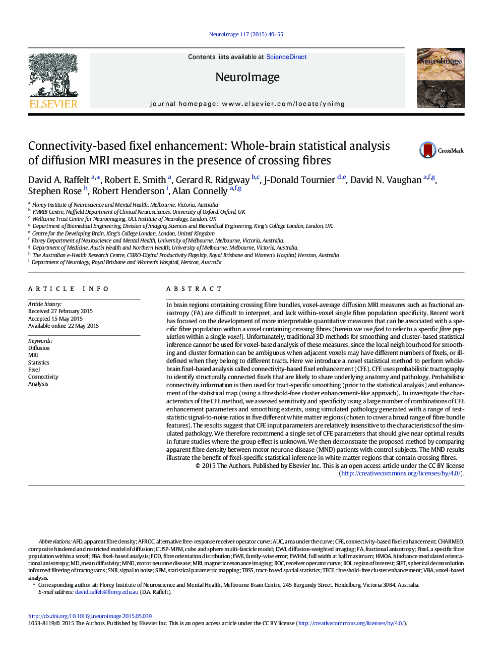 Connectivity-based fixel enhancement: Whole-brain statistical analysis of diffusion MRI measures in the presence of crossing fibres