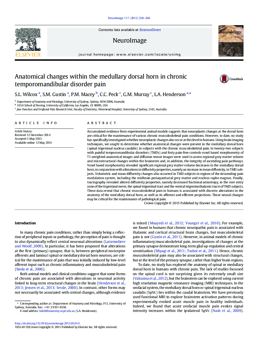 Anatomical changes within the medullary dorsal horn in chronic temporomandibular disorder pain