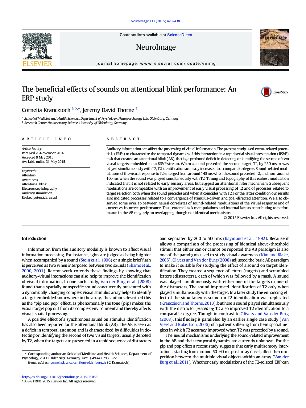 The beneficial effects of sounds on attentional blink performance: An ERP study