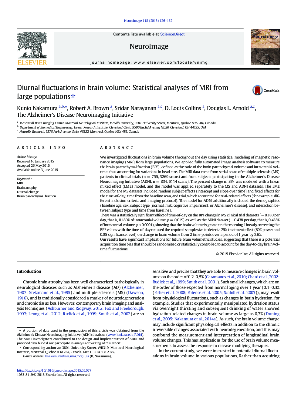 Diurnal fluctuations in brain volume: Statistical analyses of MRI from large populations