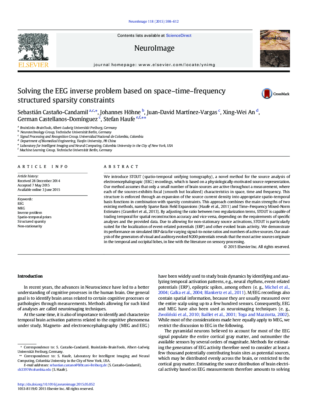 Solving the EEG inverse problem based on space-time-frequency structured sparsity constraints