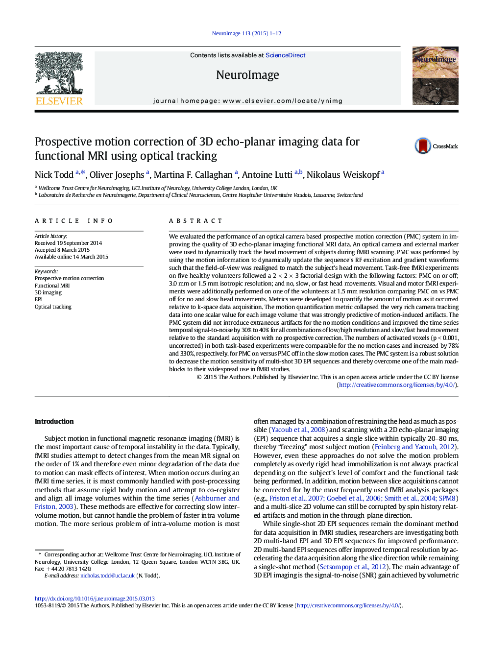 Prospective motion correction of 3D echo-planar imaging data for functional MRI using optical tracking