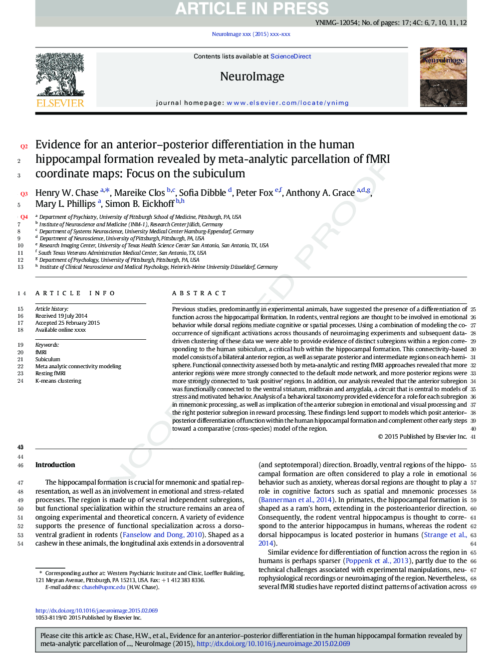 Evidence for an anterior-posterior differentiation in the human hippocampal formation revealed by meta-analytic parcellation of fMRI coordinate maps: Focus on the subiculum