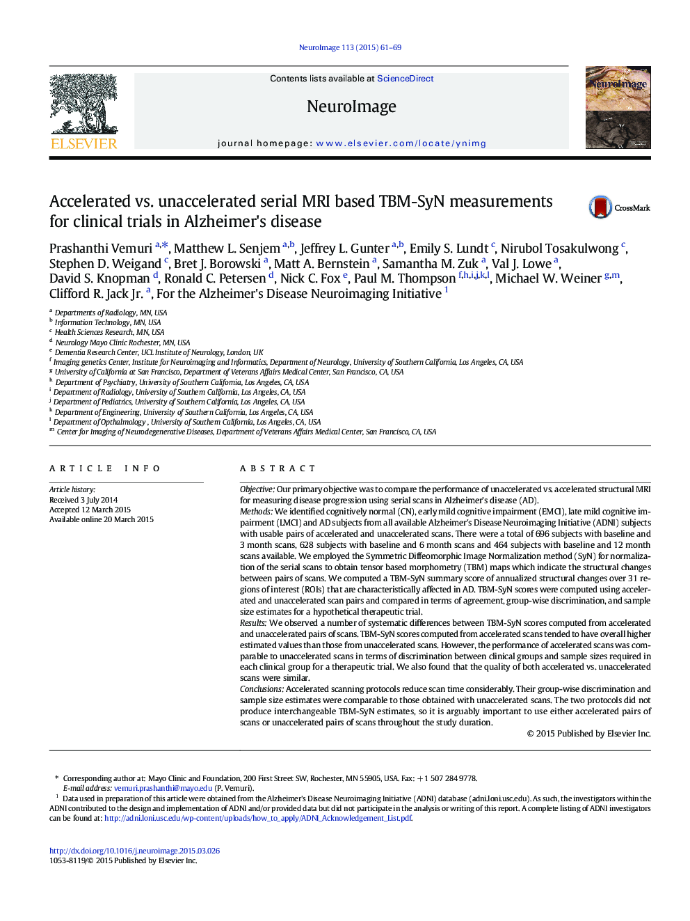عکس صفحه اول مقاله: Accelerated vs. unaccelerated serial MRI based TBM-SyN measurements for clinical trials in Alzheimer's disease Accelerated vs. unaccelerated serial MRI based TBM-SyN measurements for clinical trials in Alzheimer's disease