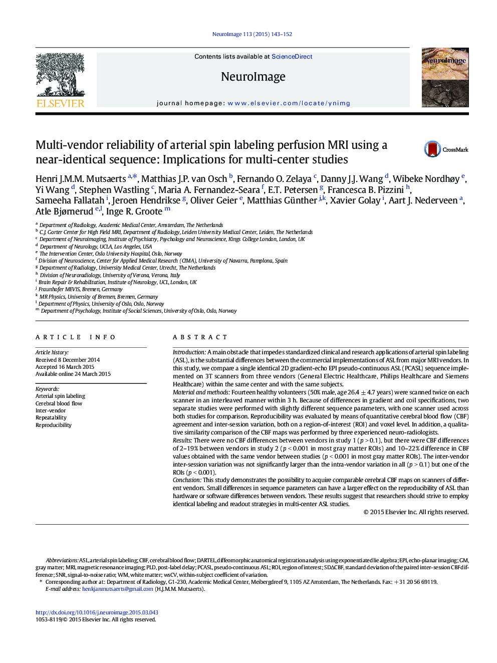 Multi-vendor reliability of arterial spin labeling perfusion MRI using a near-identical sequence: Implications for multi-center studies