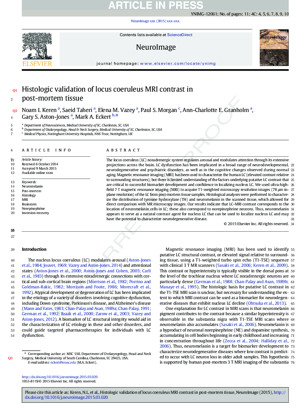 Histologic validation of locus coeruleus MRI contrast in post-mortem tissue