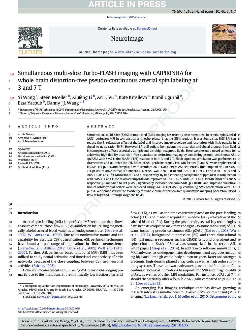 Simultaneous multi-slice Turbo-FLASH imaging with CAIPIRINHA for whole brain distortion-free pseudo-continuous arterial spin labeling at 3 and 7Â T