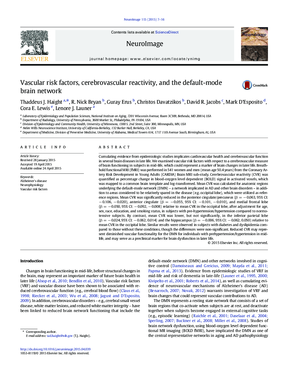 Vascular risk factors, cerebrovascular reactivity, and the default-mode brain network