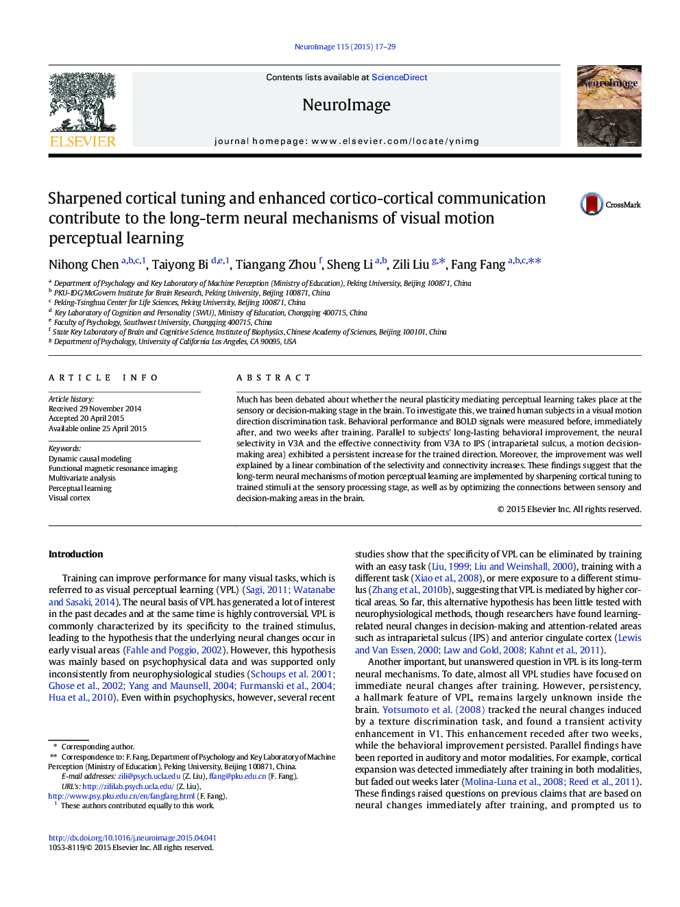 Sharpened cortical tuning and enhanced cortico-cortical communication contribute to the long-term neural mechanisms of visual motion perceptual learning