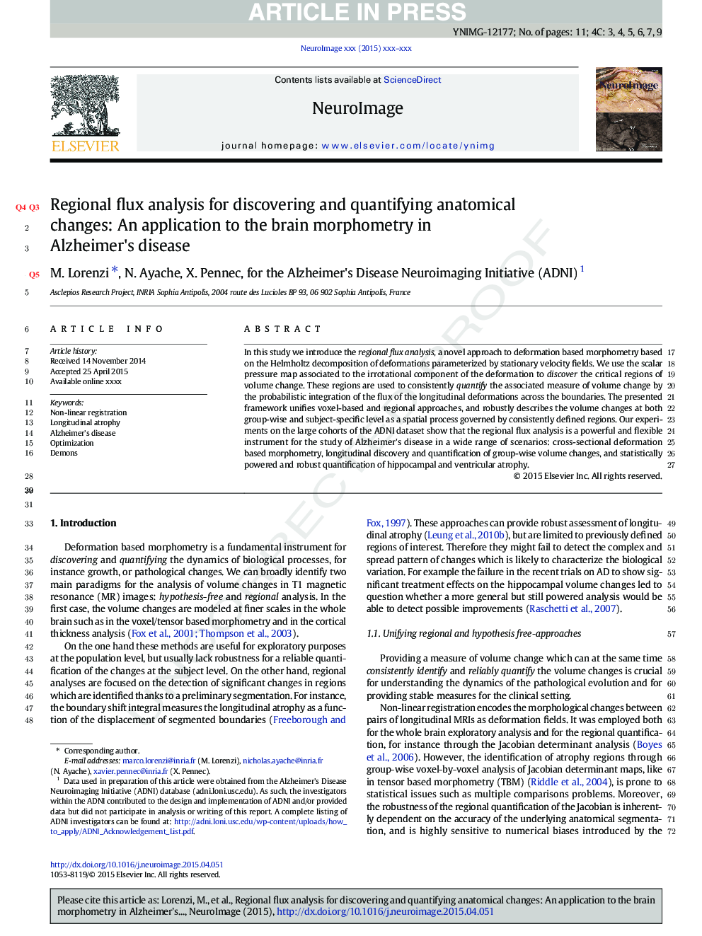 Regional flux analysis for discovering and quantifying anatomical changes: An application to the brain morphometry in Alzheimer's disease