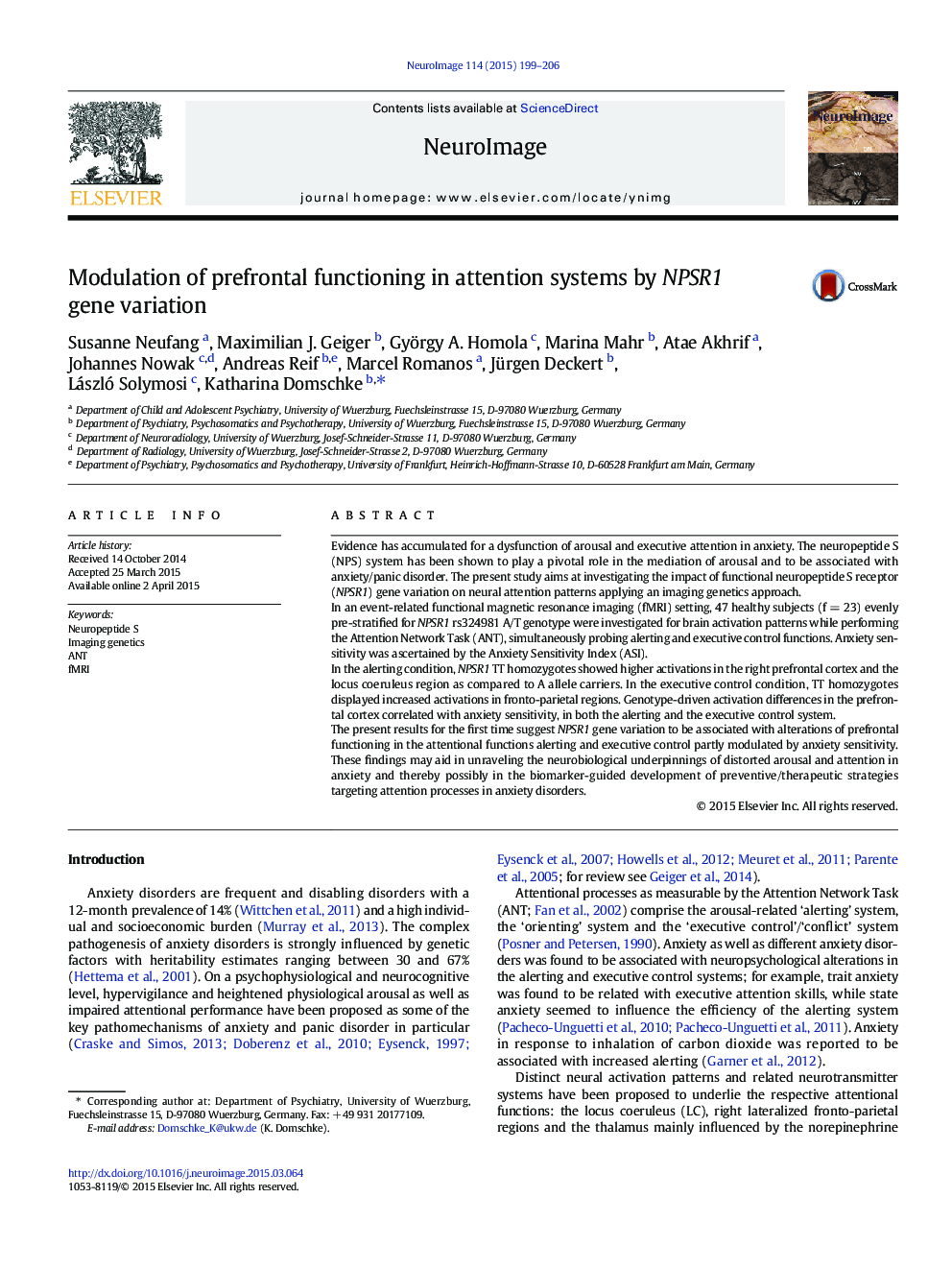 Modulation of prefrontal functioning in attention systems by NPSR1 gene variation