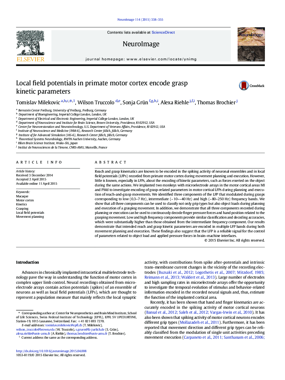 Local field potentials in primate motor cortex encode grasp kinetic parameters