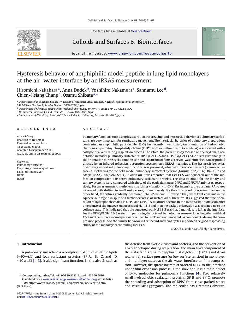 Hysteresis behavior of amphiphilic model peptide in lung lipid monolayers at the air–water interface by an IRRAS measurement