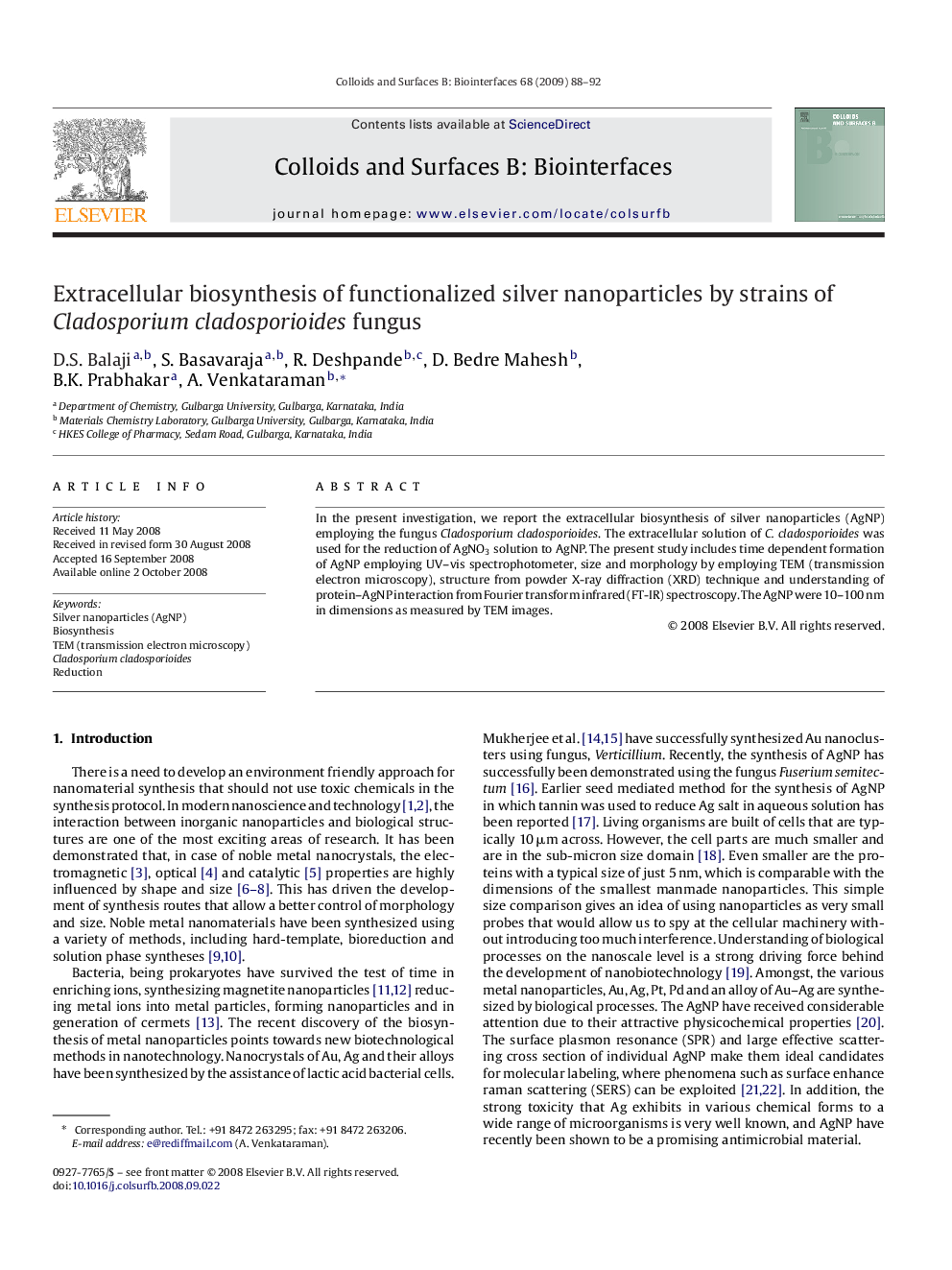 عکس صفحه اول مقاله: Extracellular biosynthesis of functionalized silver nanoparticles by strains of Cladosporium cladosporioides fungus Extracellular biosynthesis of functionalized silver nanoparticles by strains of Cladosporium cladosporioides fungus