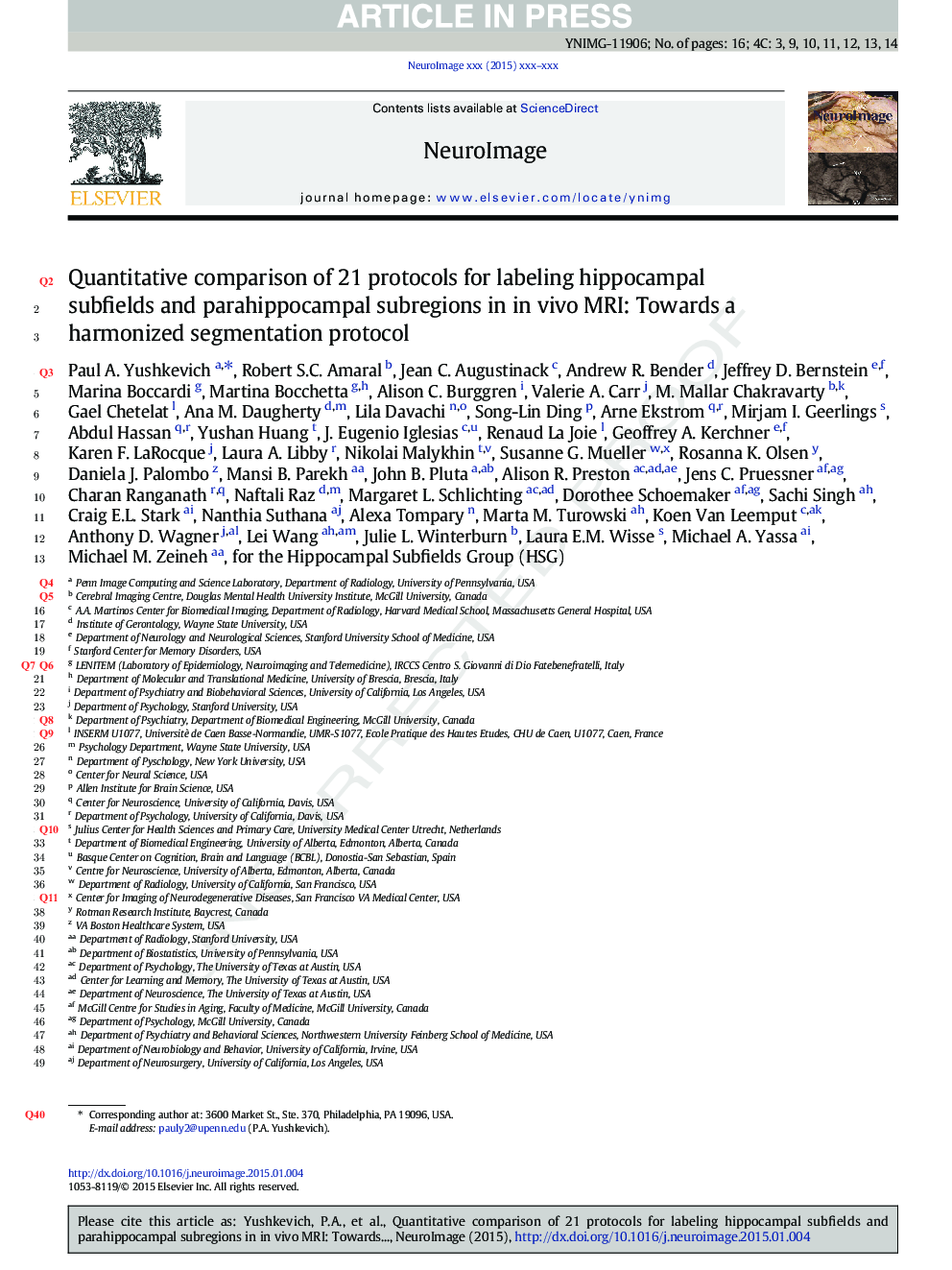 Quantitative comparison of 21 protocols for labeling hippocampal subfields and parahippocampal subregions in in vivo MRI: Towards a harmonized segmentation protocol