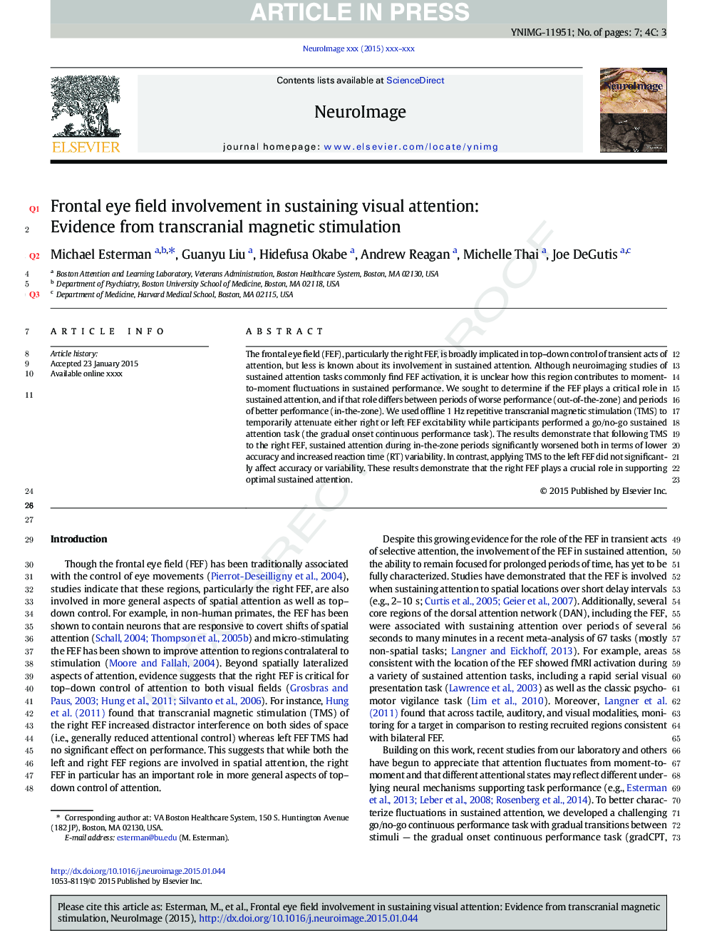 Frontal eye field involvement in sustaining visual attention: Evidence from transcranial magnetic stimulation