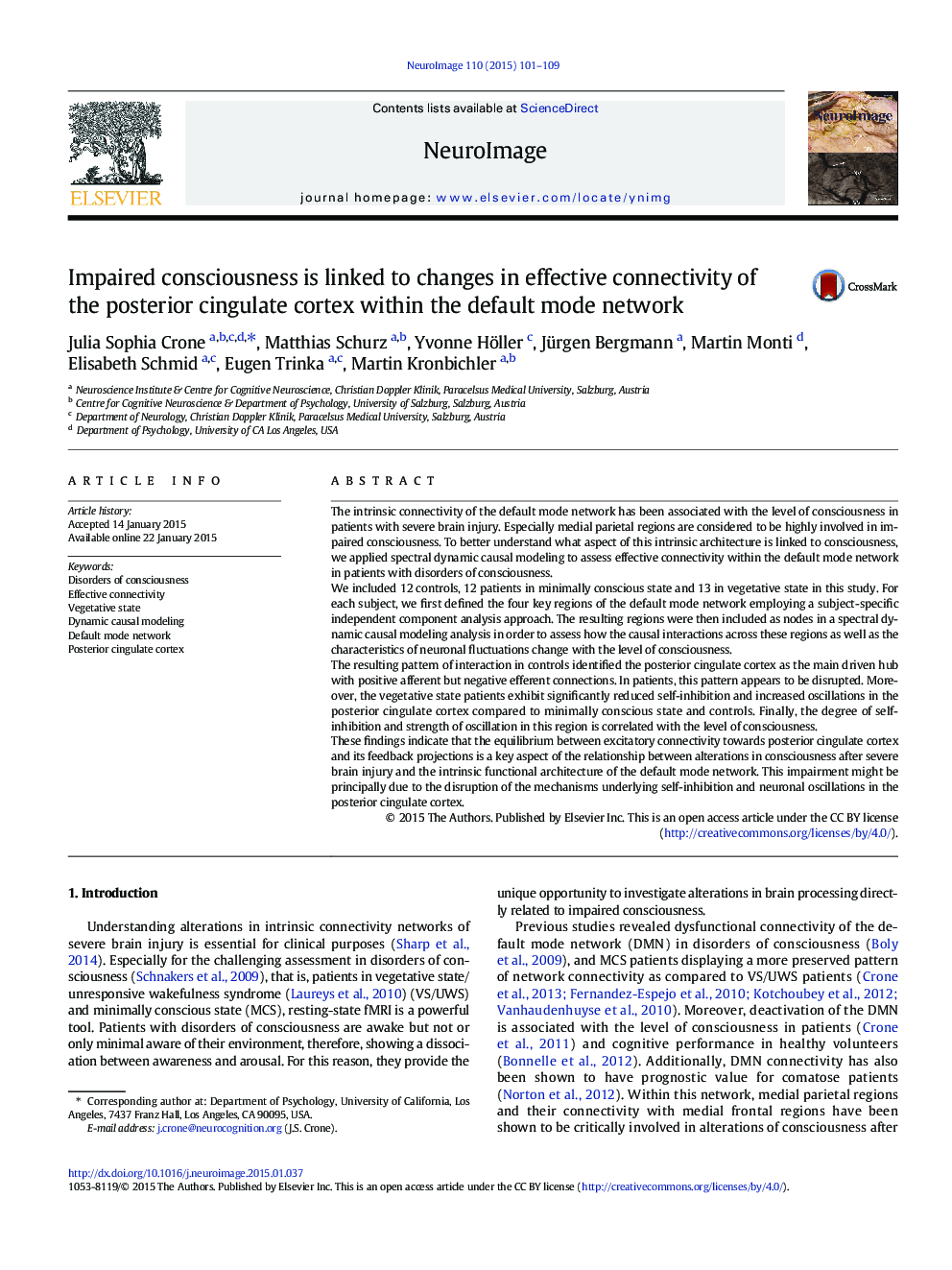 Impaired consciousness is linked to changes in effective connectivity of the posterior cingulate cortex within the default mode network