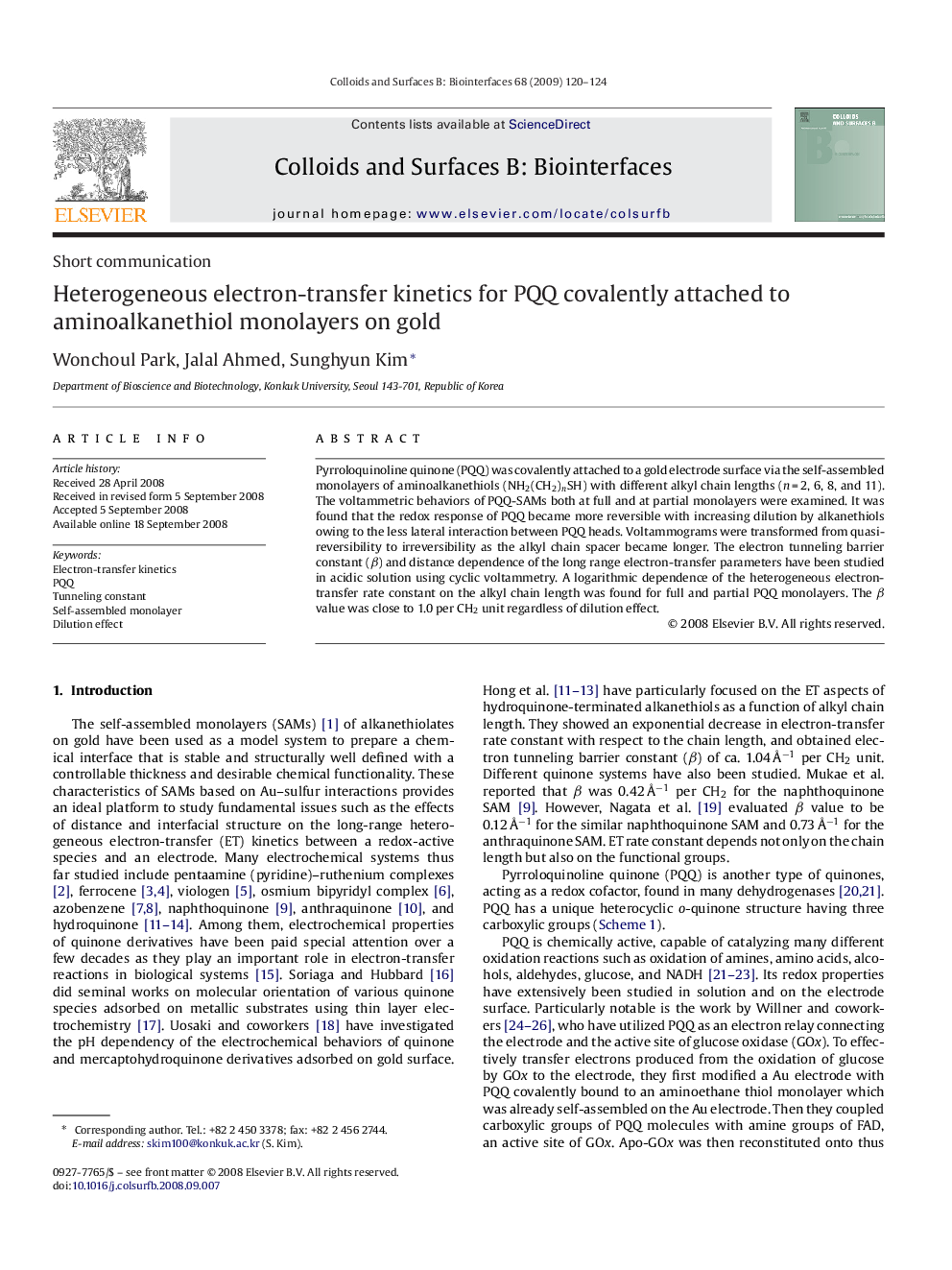 Heterogeneous electron-transfer kinetics for PQQ covalently attached to aminoalkanethiol monolayers on gold