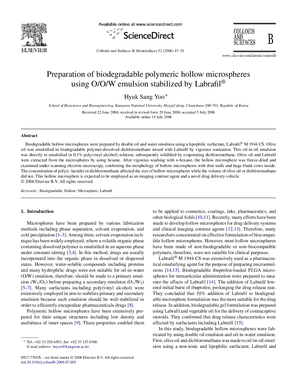 Preparation of biodegradable polymeric hollow microspheres using O/O/W emulsion stabilized by Labrafil®