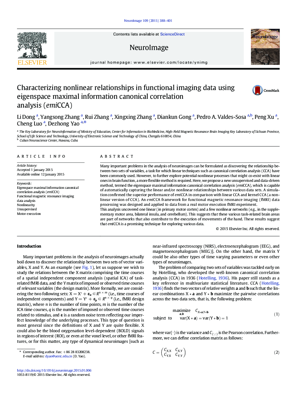 Characterizing nonlinear relationships in functional imaging data using eigenspace maximal information canonical correlation analysis (emiCCA)