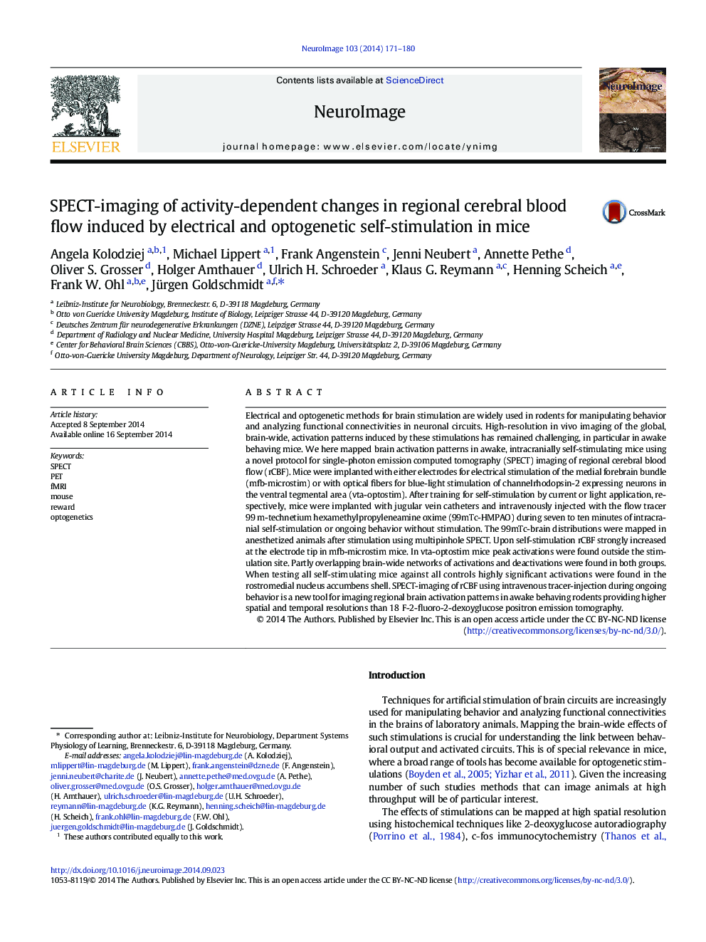 SPECT-imaging of activity-dependent changes in regional cerebral blood flow induced by electrical and optogenetic self-stimulation in mice