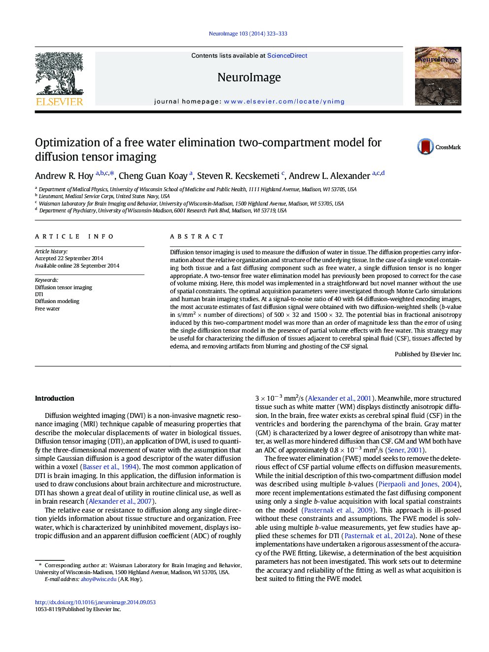 Optimization of a free water elimination two-compartment model for diffusion tensor imaging