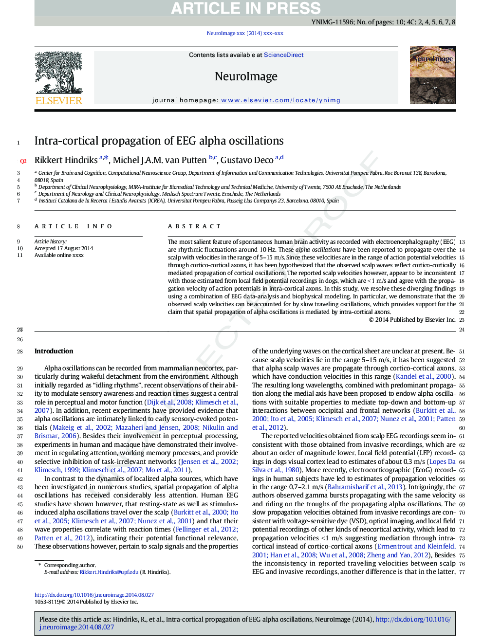 Intra-cortical propagation of EEG alpha oscillations