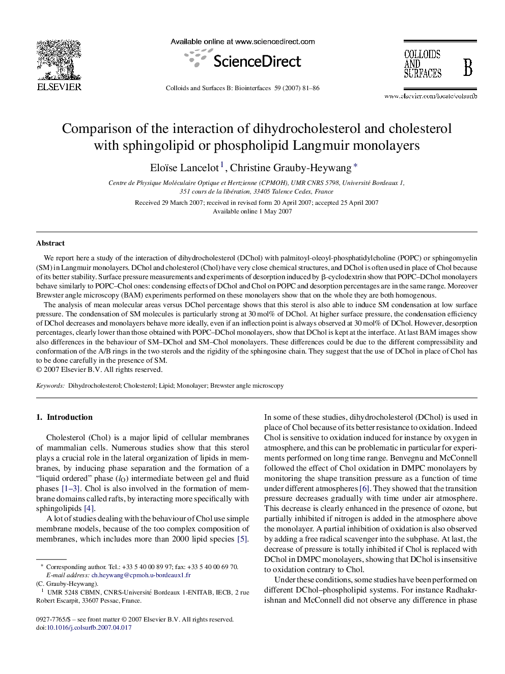 Comparison of the interaction of dihydrocholesterol and cholesterol with sphingolipid or phospholipid Langmuir monolayers