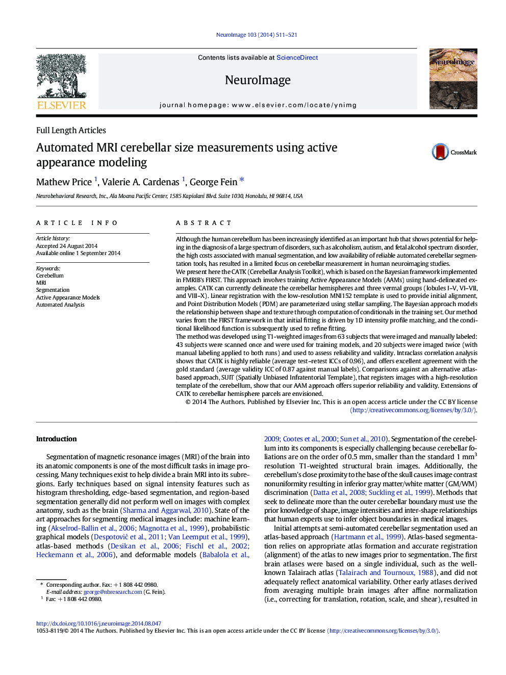 Automated MRI cerebellar size measurements using active appearance modeling